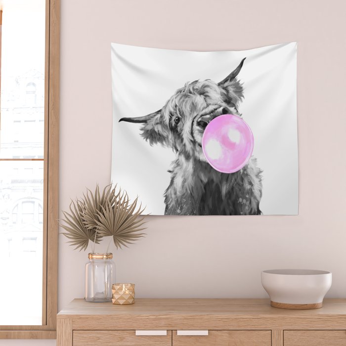 Bubble Gum Highland Cow Black and White Wall Tapestry Gallery Image 2