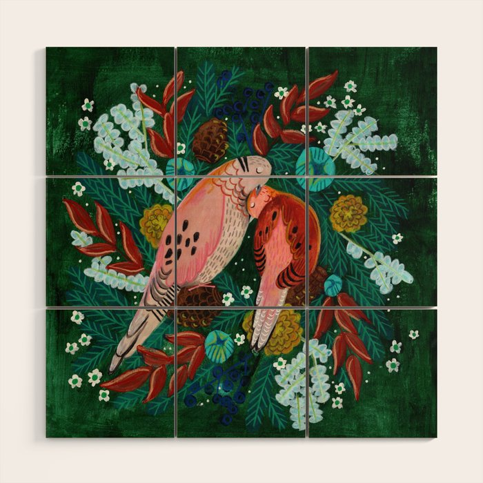 Festive Winter turtle Doves Wood Wall Art Gallery Image 1