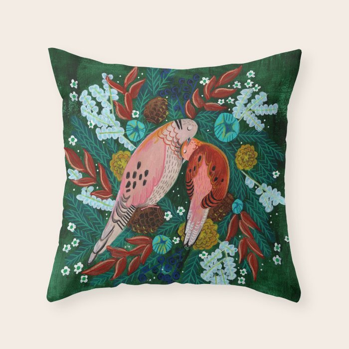 Festive Winter turtle Doves Throw Pillow Gallery Image 1