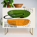 Mid Century Modern Abstract Colorful Art Patterns Olive Green Yellow Ochre Orbit Geometric Objects Credenza Gallery Image 1