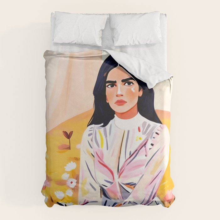 Spring Girl, Self-Reliant Beautiful Eclectic Bohemian Woman Portrait, Bold Floral Colorful Floral Self Reliant, Strong Independent Female Dress Fashion Painting Duvet Cover Gallery Image 6