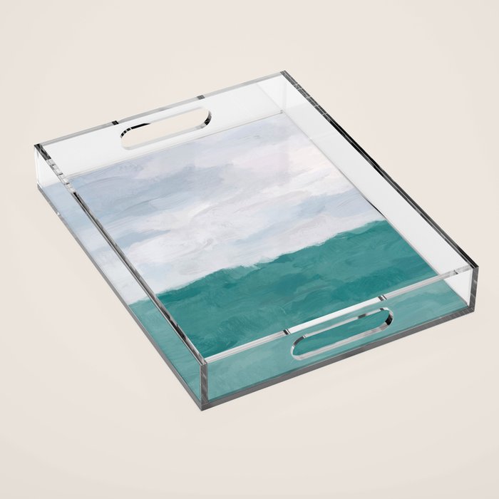 Out to Sea - Aqua Turquoise Mint Waves Horizon Abstract Nature Ocean Painting Art Print Wall Decor  Acrylic Tray Gallery Image 1