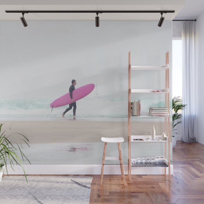 Surfing Beach Vibes - Pink Surf Board - Ocean Print - Sea Travel photography by Ingrid Beddoes Wall Mural Gallery Image 1