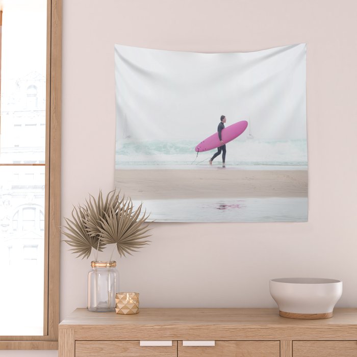 Surfing Beach Vibes - Pink Surf Board - Ocean Print - Sea Travel photography by Ingrid Beddoes Wall Tapestry Gallery Image 2