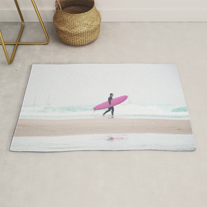 Surfing Beach Vibes - Pink Surf Board - Ocean Print - Sea Travel photography by Ingrid Beddoes Rug Gallery Image 1