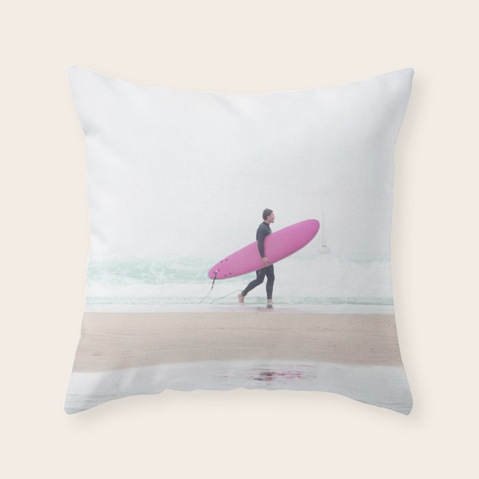 Surfing Beach Vibes - Pink Surf Board - Ocean Print - Sea Travel photography by Ingrid Beddoes Throw Pillow Gallery Image 1