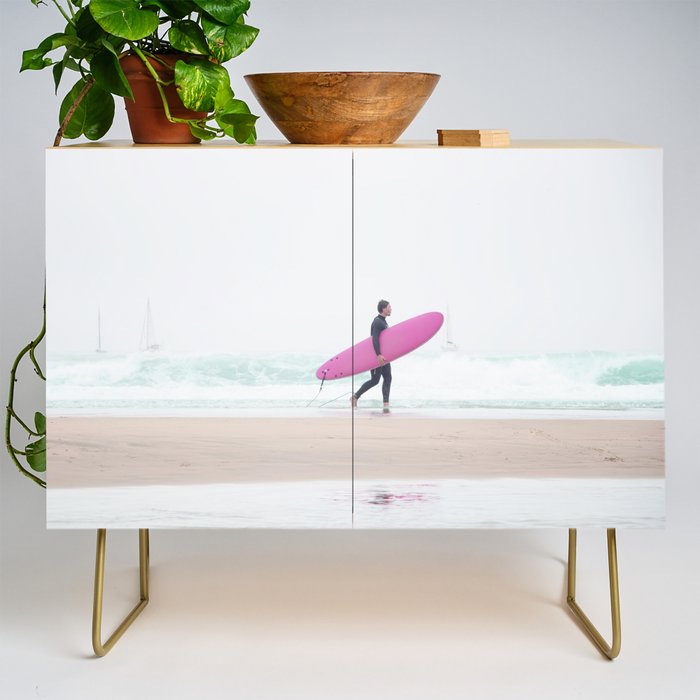 Surfing Beach Vibes - Pink Surf Board - Ocean Print - Sea Travel photography by Ingrid Beddoes Credenza Gallery Image 1