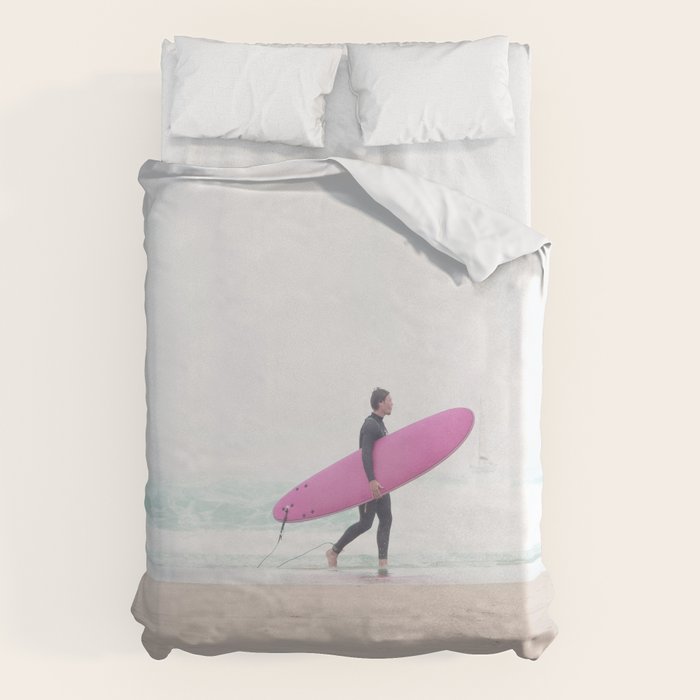 Surfing Beach Vibes - Pink Surf Board - Ocean Print - Sea Travel photography by Ingrid Beddoes Duvet Cover Gallery Image 6