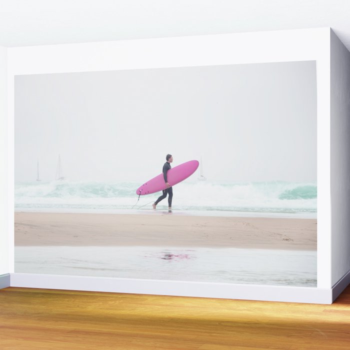 Surfing Beach Vibes - Pink Surf Board - Ocean Print - Sea Travel photography by Ingrid Beddoes Wall Mural Gallery Image 2