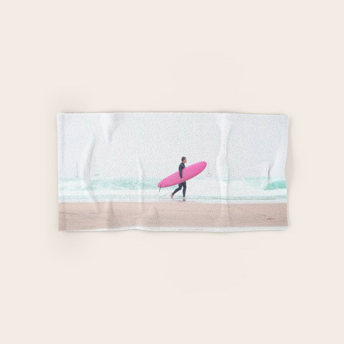 Surfing Beach Vibes - Pink Surf Board - Ocean Print - Sea Travel photography by Ingrid Beddoes Bath Towel Gallery Image 1