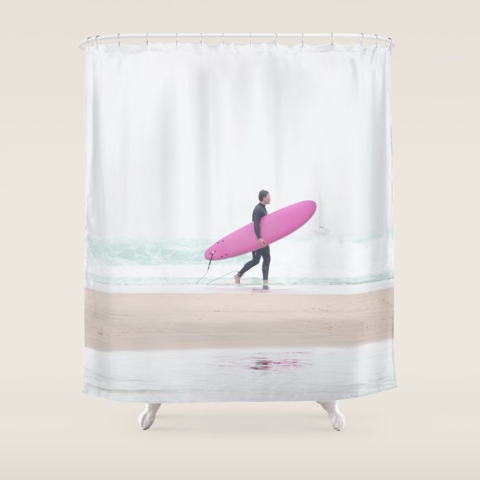 Surfing Beach Vibes - Pink Surf Board - Ocean Print - Sea Travel photography by Ingrid Beddoes Shower Curtain Gallery Image 1