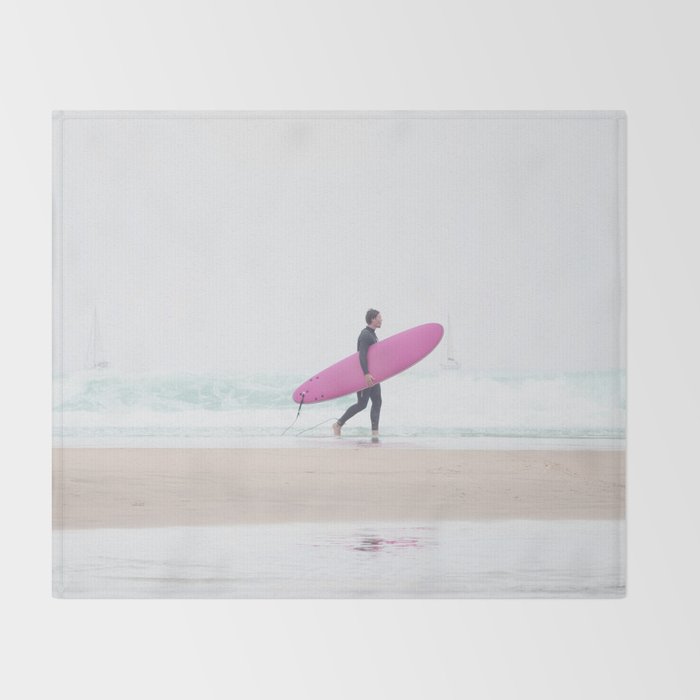 Surfing Beach Vibes - Pink Surf Board - Ocean Print - Sea Travel photography by Ingrid Beddoes Throw Blanket Gallery Image 2