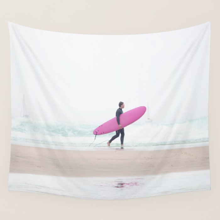 Surfing Beach Vibes - Pink Surf Board - Ocean Print - Sea Travel photography by Ingrid Beddoes Wall Tapestry Gallery Image 4