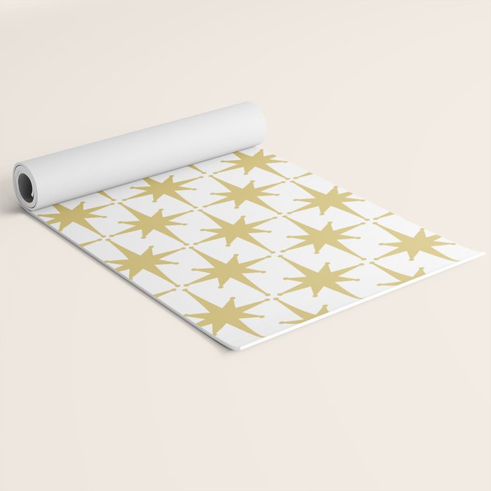 Midcentury Modern Atomic Starburst Pattern in Retro Gold and White Yoga Mat Gallery Image 2
