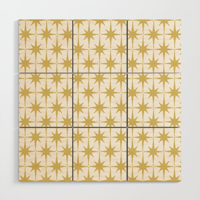 Midcentury Modern Atomic Starburst Pattern in Retro Gold and White Wood Wall Art Gallery Image 1