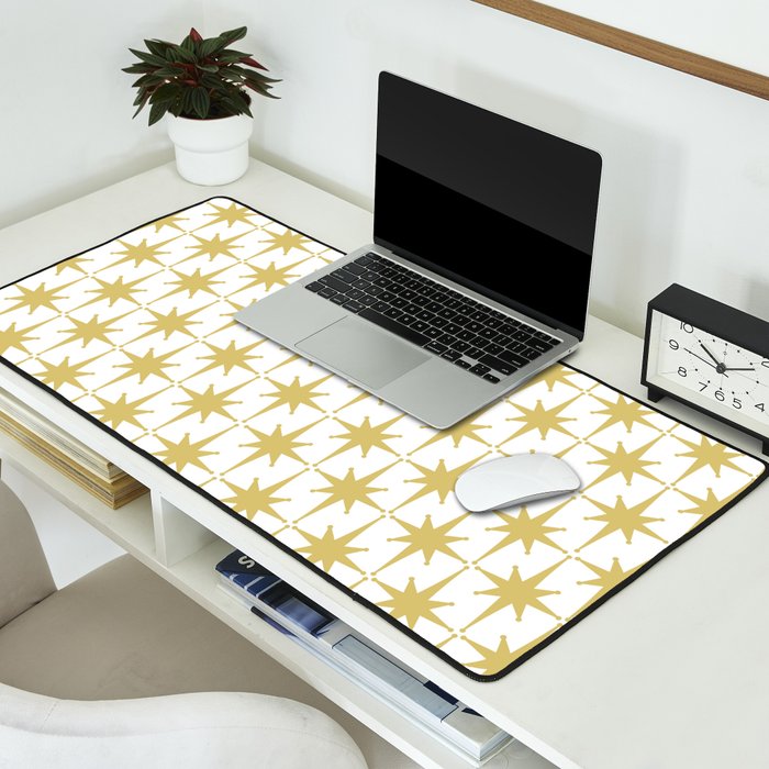 Midcentury Modern Atomic Starburst Pattern in Retro Gold and White Desk Mat Gallery Image 2