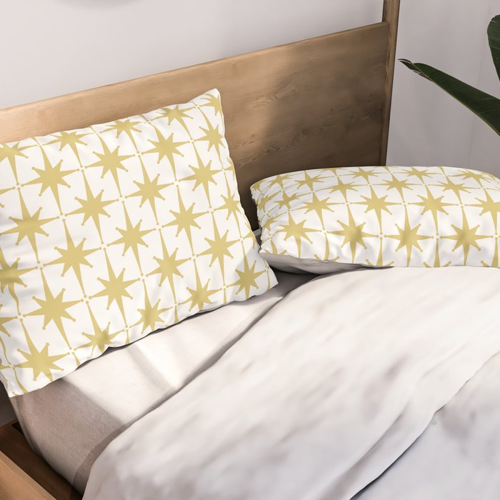 Midcentury Modern Atomic Starburst Pattern in Retro Gold and White Pillow Sham Gallery Image 2