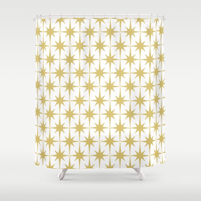 Midcentury Modern Atomic Starburst Pattern in Retro Gold and White Shower Curtain Gallery Image 1