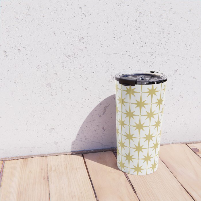 Midcentury Modern Atomic Starburst Pattern in Retro Gold and White Travel Mug Gallery Image 4
