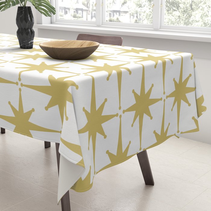 Midcentury Modern Atomic Starburst Pattern in Retro Gold and White Tablecloth Gallery Image 3