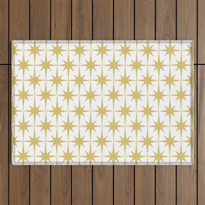 Midcentury Modern Atomic Starburst Pattern in Retro Gold and White Outdoor Rug Gallery Image 1