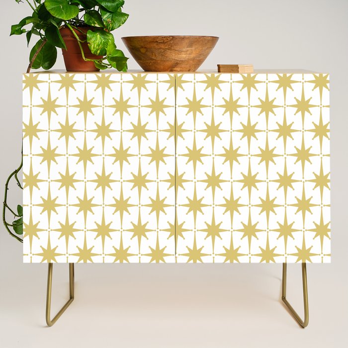 Midcentury Modern Atomic Starburst Pattern in Retro Gold and White Credenza Gallery Image 1