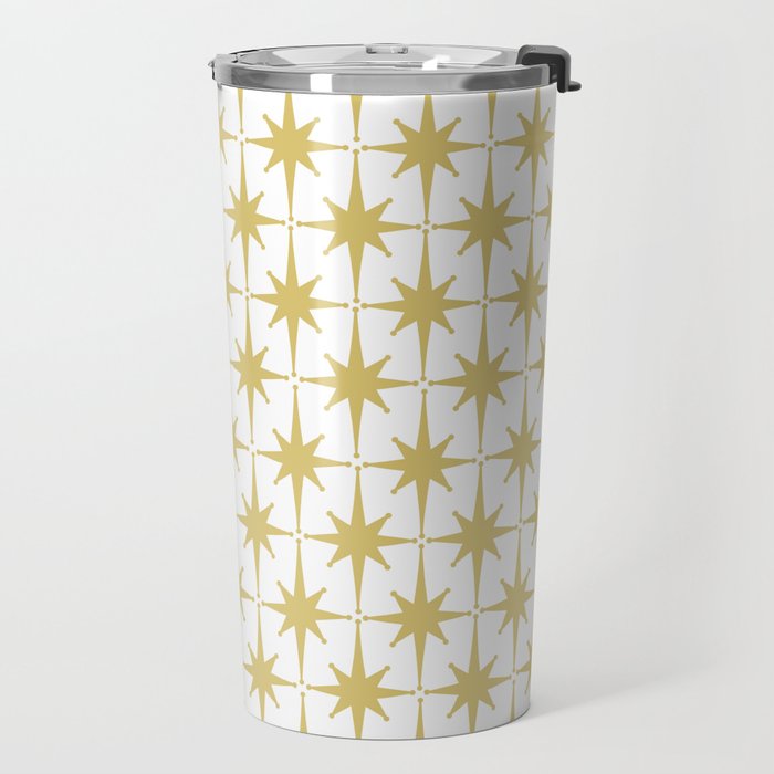 Midcentury Modern Atomic Starburst Pattern in Retro Gold and White Travel Mug Gallery Image 2