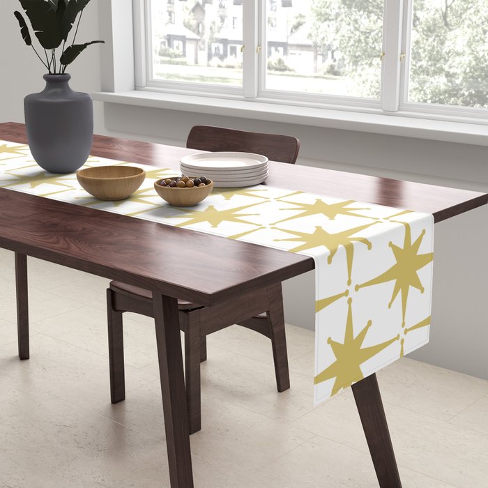 Midcentury Modern Atomic Starburst Pattern in Retro Gold and White Table Runner Gallery Image 2