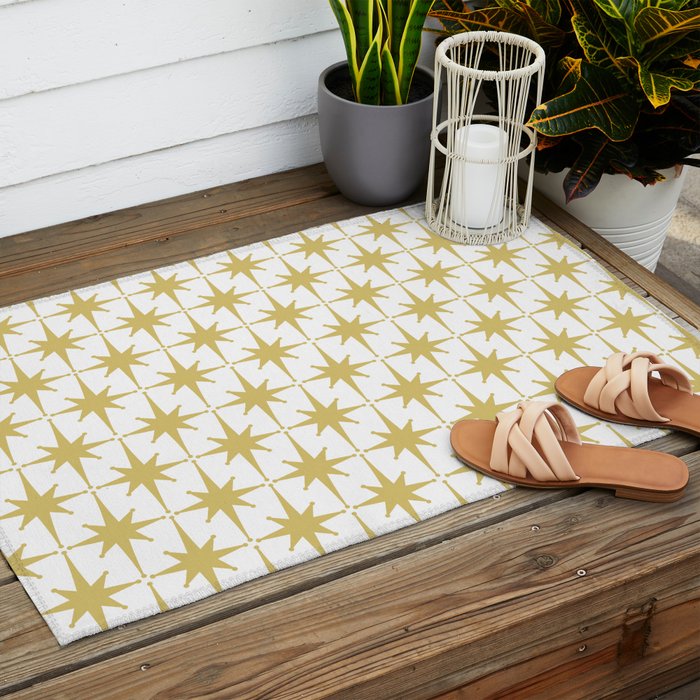 Midcentury Modern Atomic Starburst Pattern in Retro Gold and White Outdoor Rug Gallery Image 2