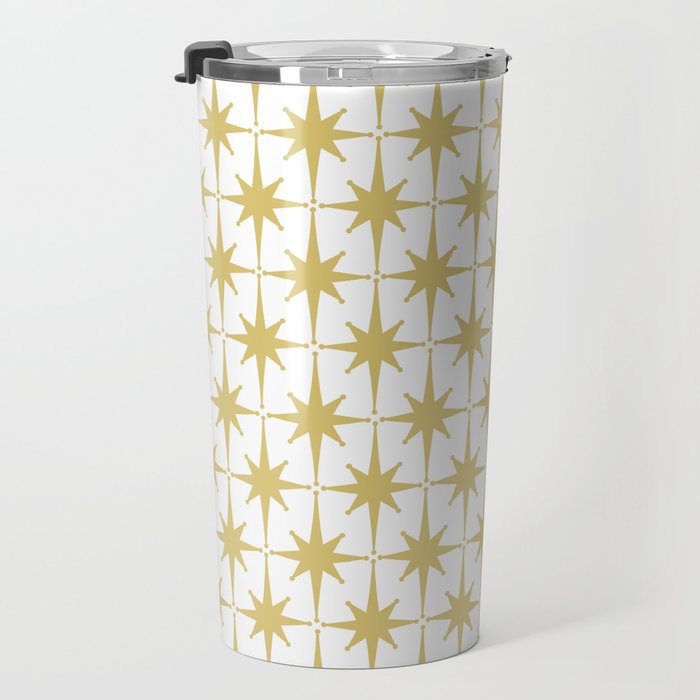 Midcentury Modern Atomic Starburst Pattern in Retro Gold and White Travel Mug Gallery Image 3