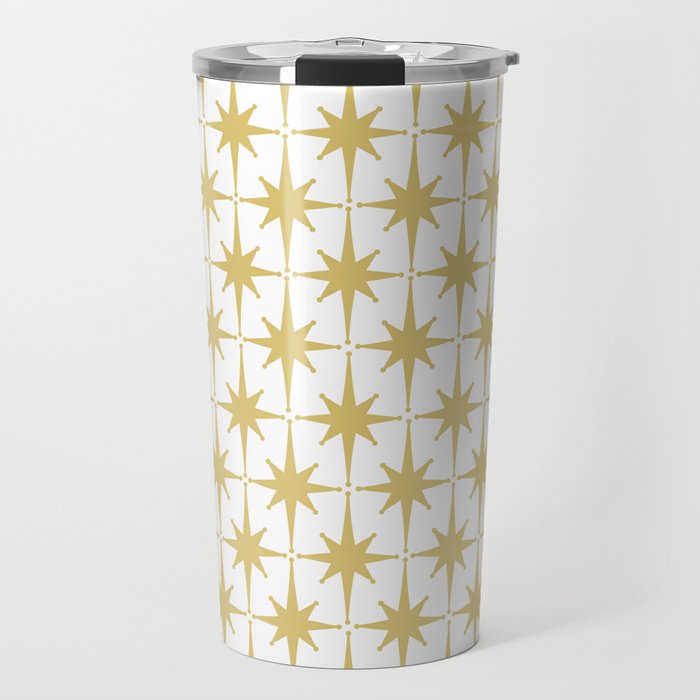 Midcentury Modern Atomic Starburst Pattern in Retro Gold and White Travel Mug Gallery Image 1