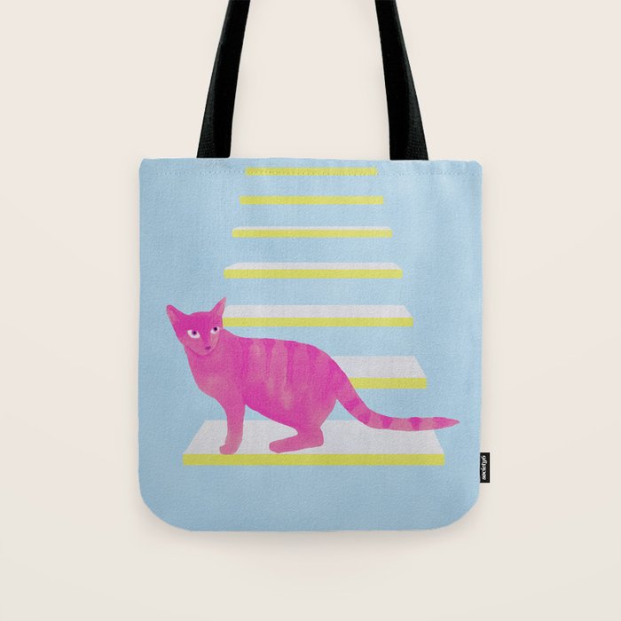 Cat on the Stairs - Pink Tote Bag Gallery Image 1