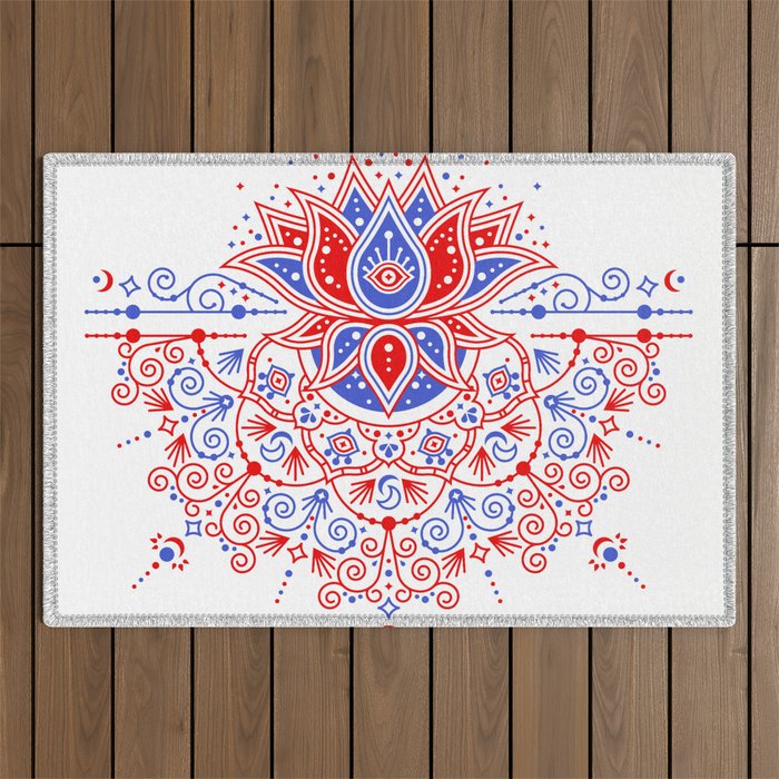 Sacred Lotus Mandala - Red & Blue Palette Outdoor Rug Gallery Image 1