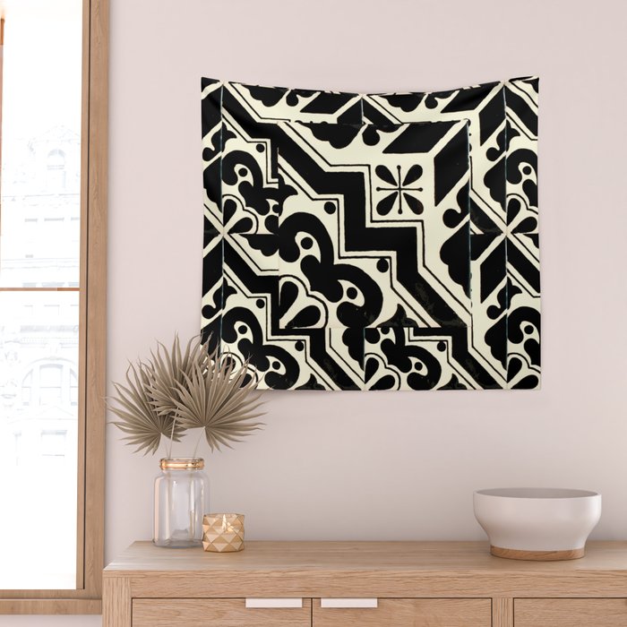 talavera mexican tile in black and white Wall Tapestry Gallery Image 2