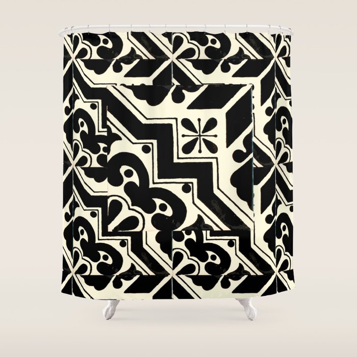 talavera mexican tile in black and white Shower Curtain Gallery Image 1