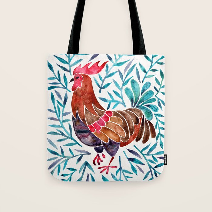 Le Coq - Watercolor Rooster with Turquoise Leaves Tote Bag Gallery Image 1
