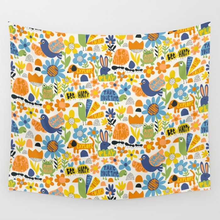 Playful Meadow Cute Animals with Motivational Affirmations - Great Outdoors Wall Tapestry Gallery Image 1