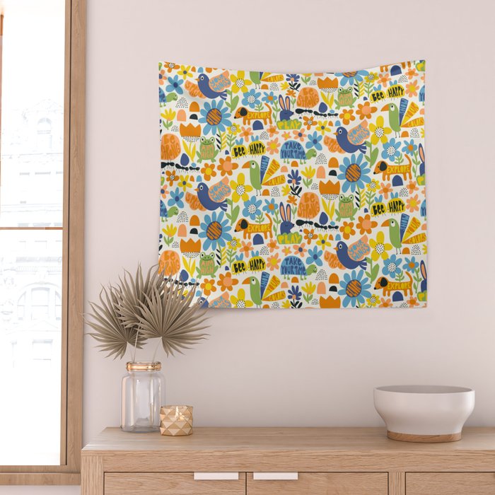 Playful Meadow Cute Animals with Motivational Affirmations - Great Outdoors Wall Tapestry Gallery Image 2