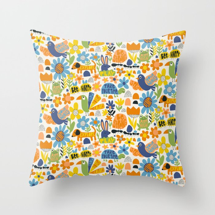 Playful Meadow Cute Animals with Motivational Affirmations - Great Outdoors Throw Pillow Gallery Image 1