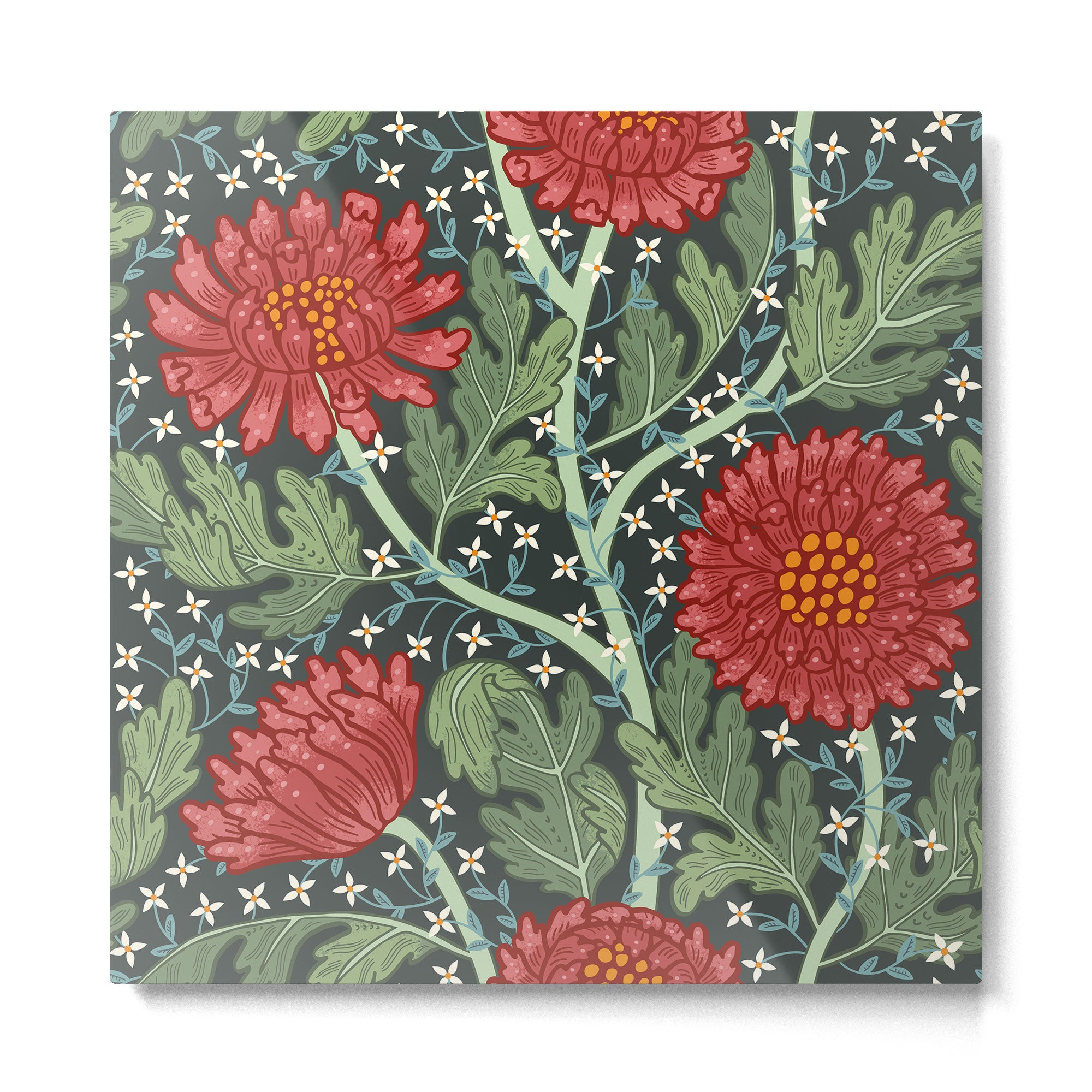 Arts and crafts red chrysanthemum pattern Metal Print Gallery Image 2