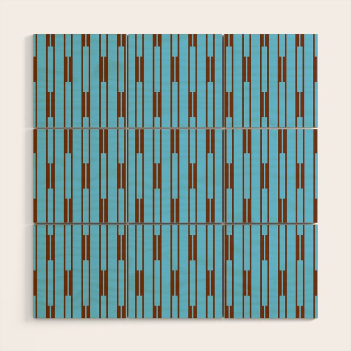  Sky Blue and Chestnut Brown Geometric Minimalist Geo Chain Vertical Stripe Pattern Wood Wall Art Gallery Image 1