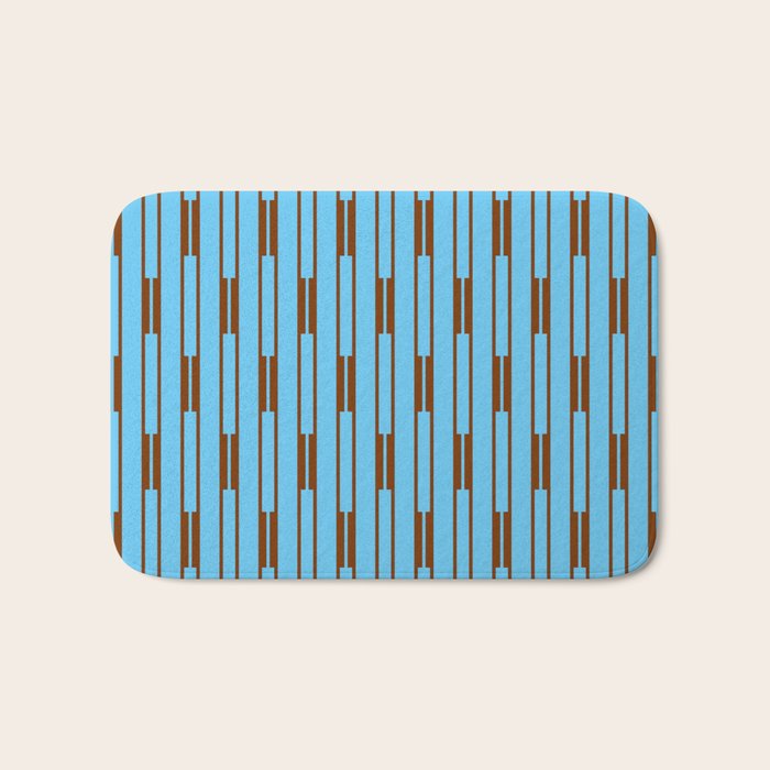  Sky Blue and Chestnut Brown Geometric Minimalist Geo Chain Vertical Stripe Pattern Bath Mat Gallery Image 1