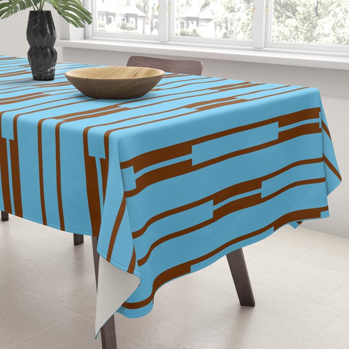  Sky Blue and Chestnut Brown Geometric Minimalist Geo Chain Vertical Stripe Pattern Tablecloth Gallery Image 3