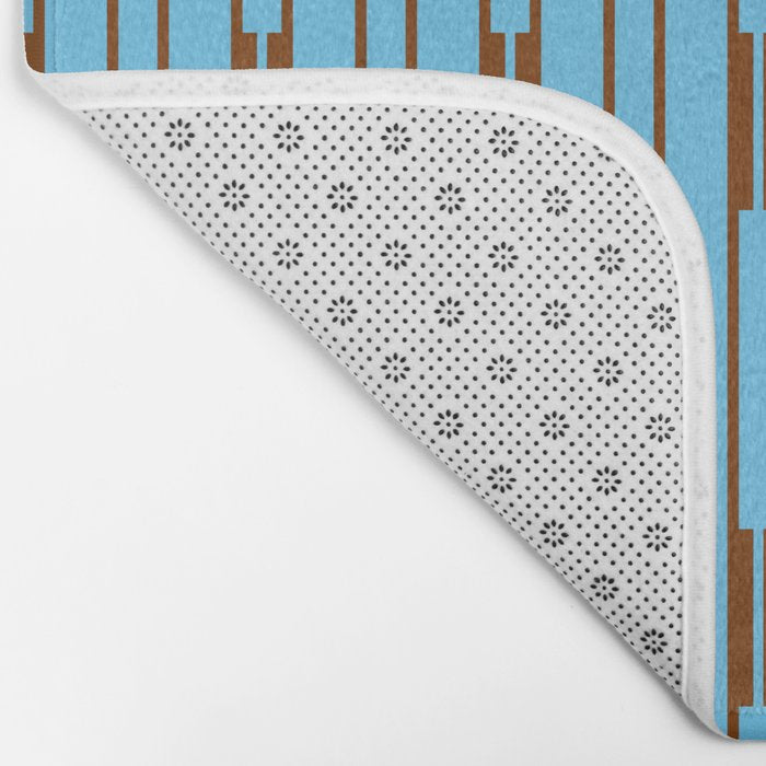  Sky Blue and Chestnut Brown Geometric Minimalist Geo Chain Vertical Stripe Pattern Bath Mat Gallery Image 2
