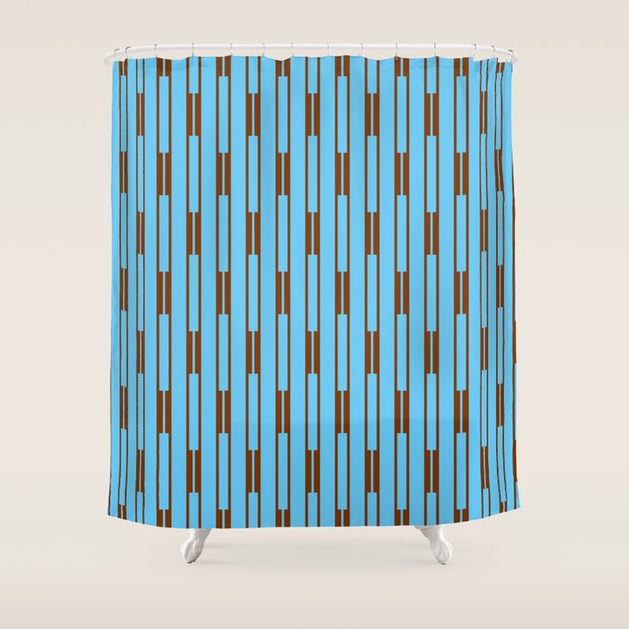 Sky Blue and Chestnut Brown Geometric Minimalist Geo Chain Vertical Stripe Pattern Shower Curtain Gallery Image 1