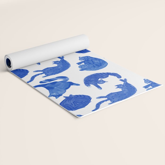 Sleepy Cozy Kitty Cats in Royal Blue & White Yoga Mat Gallery Image 2