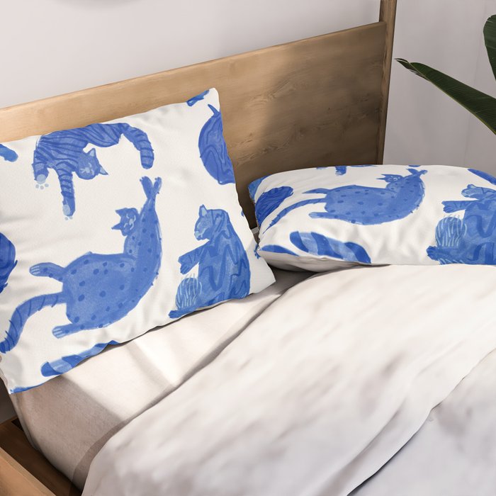 Sleepy Cozy Kitty Cats in Royal Blue & White Pillow Sham Gallery Image 2