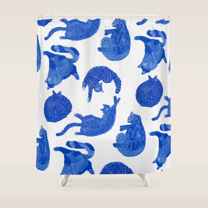 Sleepy Cozy Kitty Cats in Royal Blue & White Shower Curtain Gallery Image 1