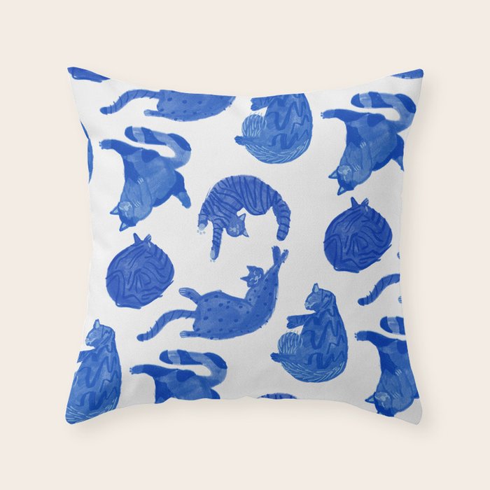 Sleepy Cozy Kitty Cats in Royal Blue & White Throw Pillow Gallery Image 1