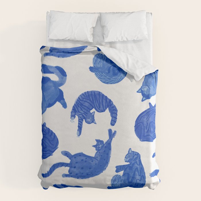 Sleepy Cozy Kitty Cats in Royal Blue & White Duvet Cover Gallery Image 1